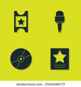 Set Cinema ticket, Hollywood walk of fame star, CD or DVD disk and Microphone icon. Vector