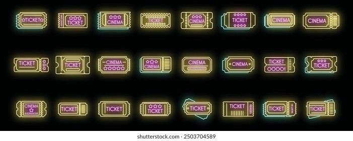 Set of cinema ticket icons with neon effect, perfect for representing access to entertainment and leisure