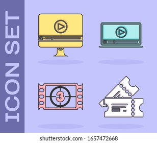 Set Cinema ticket , Online play video , Play Video  and Online play video  icon. Vector