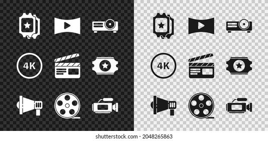 Set Cinema ticket, Online play video, Movie, film, media projector, Megaphone, Film reel, camera, 4k Ultra HD and clapper icon. Vector
