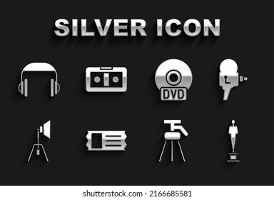 Set Cinema ticket, Retro cinema camera, Movie trophy, Tripod, spotlight, CD or DVD disk, Headphones and VHS video cassette tape icon. Vector