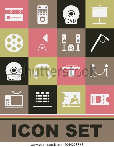 Set Cinema ticket, Rope barrier, Microphone,\
CD or DVD disk, Movie spotlight, Film reel, clapper and Home stereo\
with two speakers icon.\
Vector