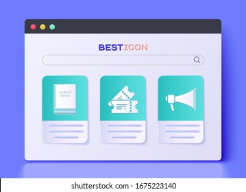 Set Cinema ticket , Scenario  and Megaphone  icon. Vector