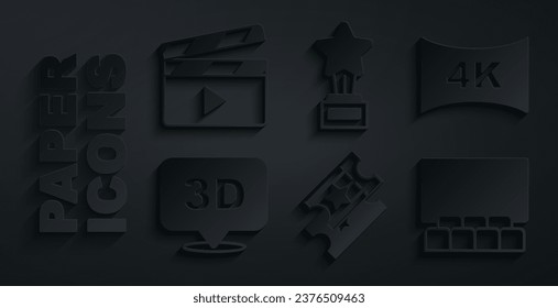 Set Cinema ticket, Screen tv with 4k, 3D word, auditorium screen, Movie trophy and clapper icon. Vector