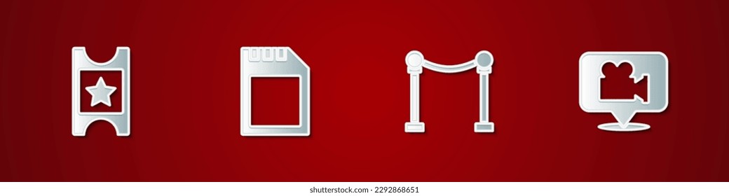 Indique el boleto de cine, tarjeta SD, barrera Rope e icono de cámara y ubicación. Vector