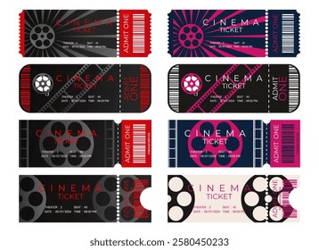 Set of cinema ticket templates design of different shapes and colors, front view. Vector illustration