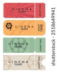 Set of cinema ticket templates in pastel colors. Different shapes, front view. Vector illustration