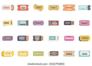 Set of cinema tickets admitting watching movie using vintage retro style