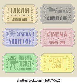 Set of cinema tickets in different colors and styles, vector illustration