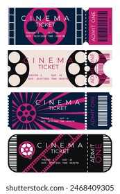 Set of cinema tickets with different design. Front view. Cinema ticket template. Vector illustration