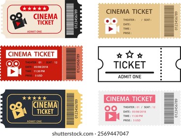 Set of cinema tickets, set of retro cinema tickets isolated on white background. Vector, cartoon illustration. Vector.