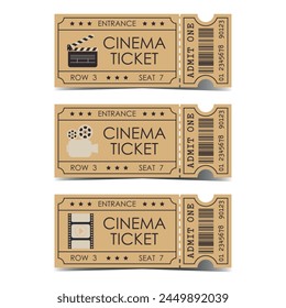 Set of cinema tickets in retro style. Vector movie theatre vintage illustration on beige background. Voucher template collection