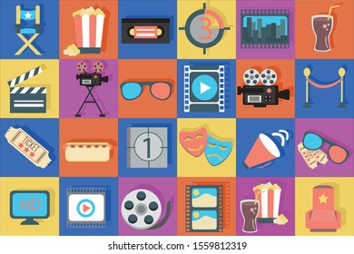 Set of cinema vector icons. Movie theater illustration elements.