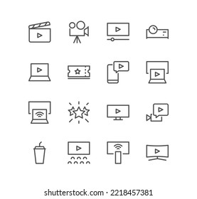 Set of cinema and video icons, movie, video clip, tv and linear variety vectors.
