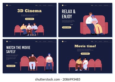 Set of cinema website landings with People at the movie theatre watching movie. Vector illustration of different cinema entertainment experience in new reality of social distance.