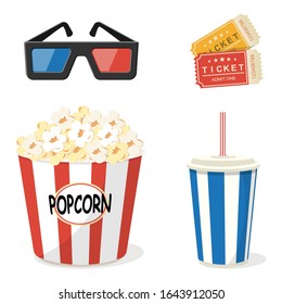 Set of cinematography elements - 3d glasses, tickets, popcorn and soda. 