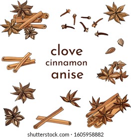 Set of cinnamon, anise and cloves, spices for tea and coffee on a white background. Realistic vector illustration for decoration of menu.