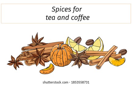 Set Of Cinnamon, Anise And Lemon, Cut Out On A White Background. Vector Illustration Of Spices For Tea And Coffee. World Tea Day