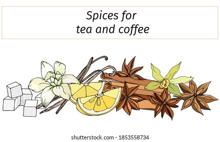 Set cinnamon, anise, lemon and vanilla for winter hot drinks. Banner of spices for tea and coffee, cut out on a white background.