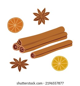 Set with cinnamon, dried orange and anise isolated on white background. Cartoon spice vector illustration for autumn and winter holiday decoration, menu. 