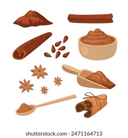 Conjunto de colección de kit de canela con rollo de palitos de canela, polvo, cuchara, anís estrella y flor, aroma orgánico condimento picante Ilustración vectorial de dibujos animados, aislado sobre fondo blanco.