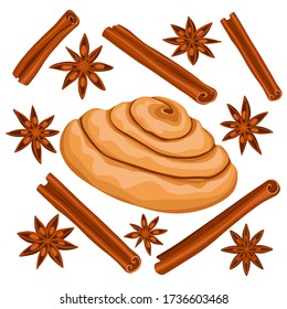 
Se coloca con rollo de canela, palos y anís estrellado. Ilustración de impresión perfecta para tela, textiles, menú o papel pintado. Productos de panadería de ilustraciones aisladas de vectores.