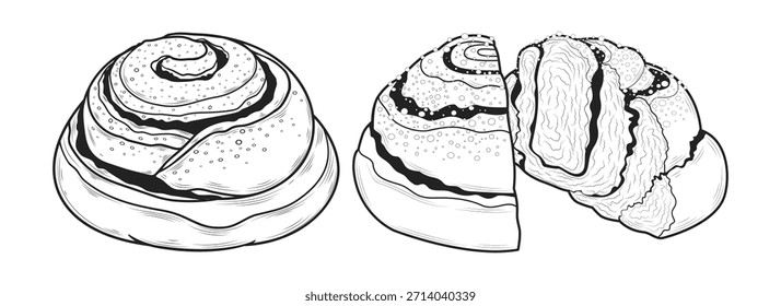 Un conjunto de rollos de canela en un estilo de arte de línea, dibujo de garabatos, blanco y negro. Postre tradicional escandinavo.