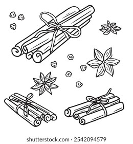 A set of cinnamon sticks, anise stars, pepper tied with a thread in black isolated on white. Hand drawn vector sketch illustration in doodle engraved vintage line art. Mulled wine ingredient, spices.