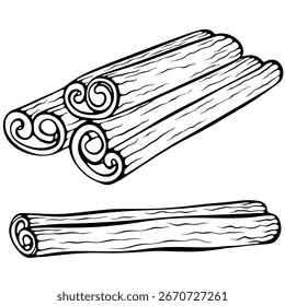 Set of cinnamon sticks. Aromatic spice for culinary or festive themes. Vector illustration in hand drawn doodle sketch style. Line art isolated on white for coloring book, print