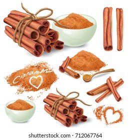 Set of cinnamon sticks and ground on powder cinnamon in ceramic bowl and scattered around hand drawn vector isolated on white background. Sweet spicy seasoning illustration for recipes, menus design