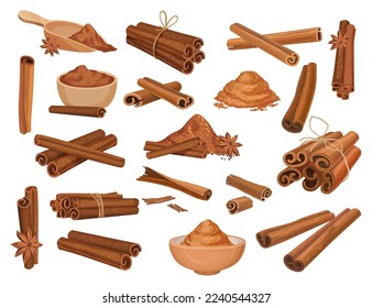 Set of cinnamon sticks and powder. Organic aroma spicy seasoning cartoon vector illustration