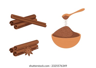 Conjunto de bastones de canela con polvo y anís estelar aislados en ilustración vectorial de fondo blanco