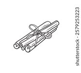 A set of cinnamon sticks tied with a thread in black isolated on white background. Hand drawn vector sketch illustration in doodle engraved vintage line art style. Mulled wine ingredient, spices
