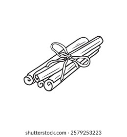 A set of cinnamon sticks tied with a thread in black isolated on white background. Hand drawn vector sketch illustration in doodle engraved vintage line art style. Mulled wine ingredient, spices