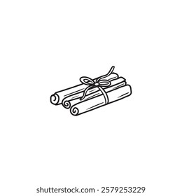 A set of cinnamon sticks tied with a thread in black isolated on white background. Hand drawn vector sketch illustration in doodle engraved vintage line art style. Mulled wine ingredient, spices