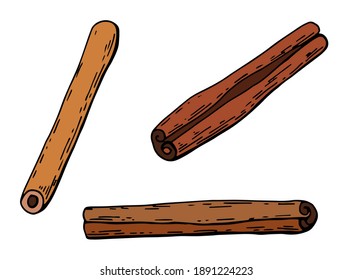 Juego de palos de canela. Fondo blanco, aislado. Estilo dibujado a mano. Ilustración bursátil.