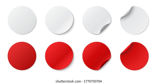 Set circle adhesive symbols. White tags, paper round stickers with peeling corner and shadow, isolated rounded plastic mockup, realistic red round paper adhesive sticker mockup with curved corner