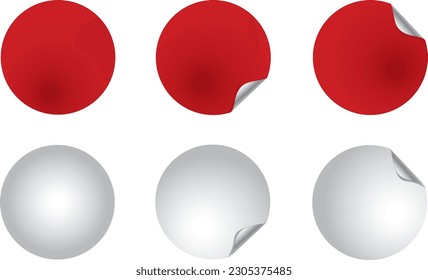 Set circle adhesive symbols. White tags, paper round stickers with peeling corner and shadow, isolated rounded plastic mockup, realistic red round paper adhesive sticker mockup