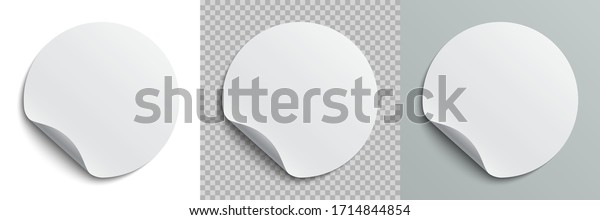 Set circle adhesive symbols. White tags, paper
round stickers with peeling corner and shadow, isolated rounded
plastic mockup,  realistic set round paper adhesive sticker mockup
with curved corner