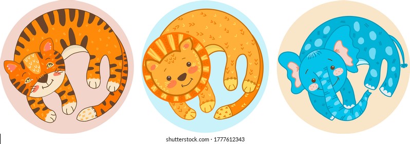 Set of circle animals tiger, lion and elephant. Vector hand drawn round elements for kids