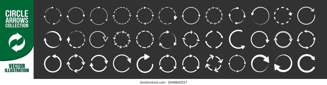 Set of circle arrow icons, reload, refresh, loading, recycle and repeat symbols. Circular rotating arrows in white color