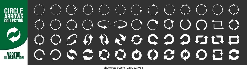 Set of circle arrow icons, reload, refresh, loading, recycle and repeat symbols. Circular rotating arrows in white color
