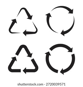 Set of circle arrow and recycle icons. Circle arrows rotating and recycling of black color isolated, vector illustration. Use as a recycle, repeat, refresh icon.