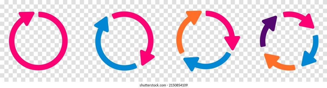 Satz von Kreispfeilern, Vektorsymbole. Rundreload-Schild. Pfeilsymbol drehen. Pfeilsymbol aktualisieren. Recycling-Symbol. Kreise Vektorpfeile. Pfeile flaches Schild. Vektorgrafik