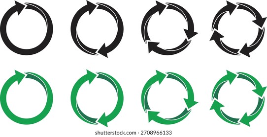 Conjunto de iconos de vector de flecha circular en estilo de silueta de color negro y verde. Rotación, reciclaje y actualización de símbolos de iconos con una, dos, tres y cuatro flechas. Ilustración vectorial