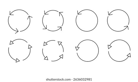 Conjunto de setas circulares isoladas. Seta giratória circular e símbolo de carregamento giratório. Diferentes setas circulares de cor preta, espessura e tamanho diferentes. Vetor