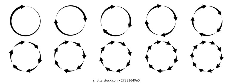 Set of circle arrows isolated on white background. Rotate and spinning symbol. Circular rotation loading element, redo process. Circle arrow 1, 2, 3, 4, 5, 6, 7, 8, 9, 10 icon set vector illustration.