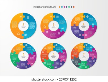 Set of circle arrows puzzle infographics. Template for cycle diagram, options, graph, web design, presentation and round chart. Business concept with 7 steps. Abstract background.
