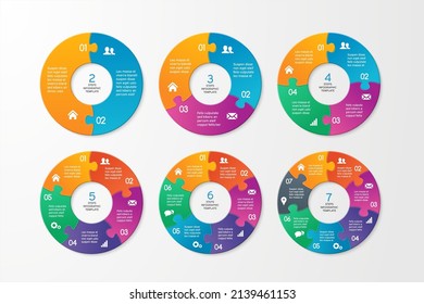 Set of circle arrows puzzle infographics. Template for cycle diagram, options, graph, web design, presentation and round chart. Business concept with 7 steps. Abstract background.
