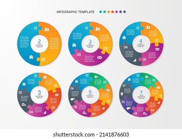 Set of circle arrows puzzle infographics. Template for cycle diagram, options, graph, web design, presentation and round chart. Business concept with 7 steps. Abstract background.